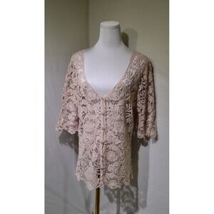 Womens Beige Tan Crochet Button Up Short‎ Sleeve Short Sleeve Top
